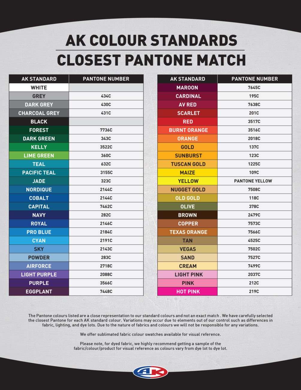 Color chart Pantone match