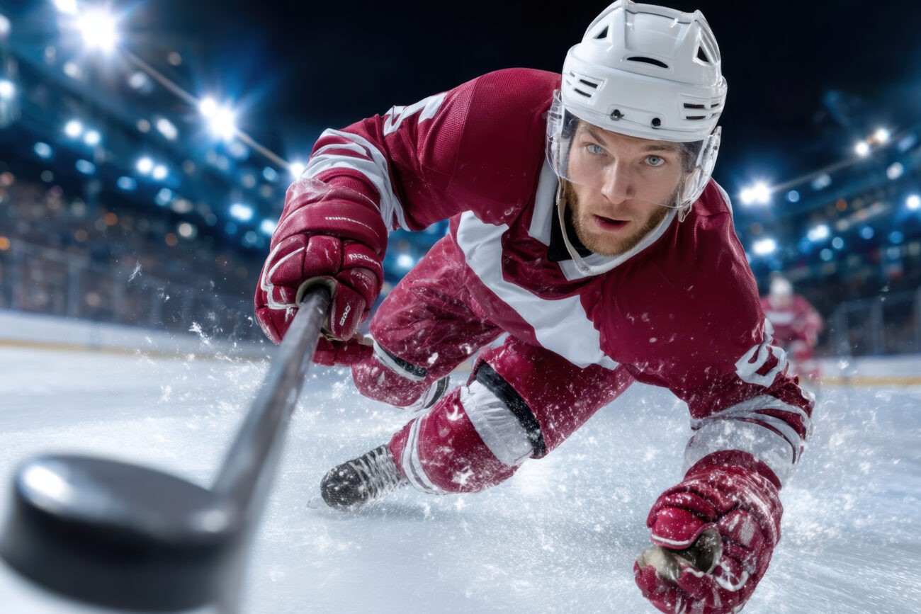Hockey player skates aggressively on ice toward the camera during a game in a packed arena » W Team Sales
